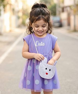 Babyhug Cotton Knit Half Sleeves Frock with Sling Bag & Polka Dot Print - Purple