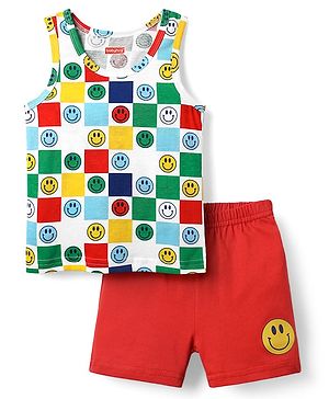 Babyhug 100% Cotton Single Jersey Knit Sleeveless Sando & Shorts Set With Smiley Print - Red & White