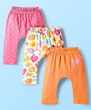 Babyhug Cotton Knit Full Length Diaper Pants With Polka Dots & Butterfly Print Pack Of 3 - Multi colour