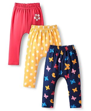 Babyhug Cotton Knit Full Length Diaper Pants With Floral Polka Dots & Butterfly Print Pack Of 3 - Navy Blue Yellow & Dark Pink