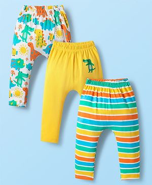 Babyhug Cotton Knit Full Length Diaper Leggings With Stripes & Dino Print Pack Of 3 - Yellow Light Blue & White