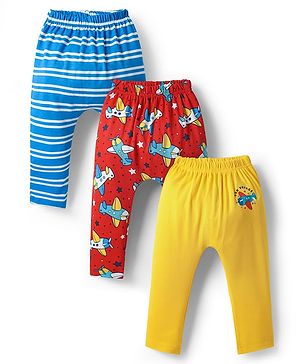 Babyhug Cotton Knit Full Length Diaper Leggings with Aeroplane Print & Stripe Design Pack of 3 - Red Blue & Yellow