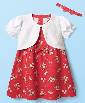 Babyhug 100% Cotton Half Sleeves Floral Printed Frock With Shrug & Headband - Red & White