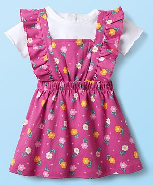 Babyhug Cotton Knit Half Sleeves Frock & Inner Tee with Floral Print & Frill Detailing - Dark Pink