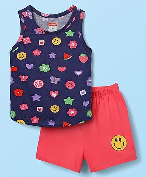 Babyhug 100% Cotton Single Jersey Knit Sleeveless Sando & Shorts With Tropical Theme Print - Navy Blue & Dark Pink
