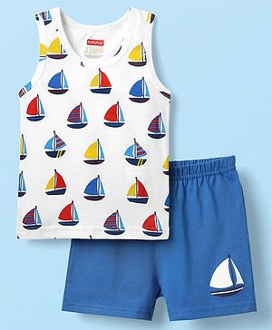 Babyhug 100% Cotton Sleeveless Nautical Printed Sando & Shorts Set - Blue & White
