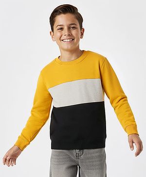 Pine Kids Cotton Knit Full Sleeves Solid Color Pullover Cut & Sew Sweatshirt - Yellow & Black