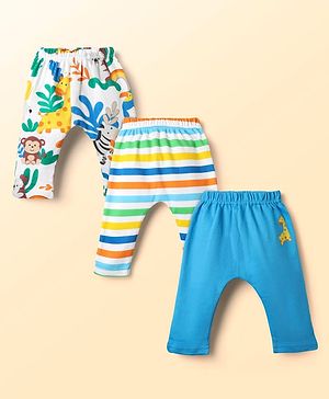 Babyhug Cotton Knit Full Length Striped & Animal Printed Diaper Leggings Pack of 3 - White & Blue