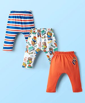 Babyhug Cotton Knit Full Length Diaper Leggings with Animal Print & Stripes Pack of 3 - Rust Orange White & Blue