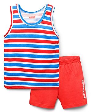 Babyhug 100% Cotton Single Jersey Knit Sleeveless Sando & Shorts Set With Stripes & Text Print - Blue & Red