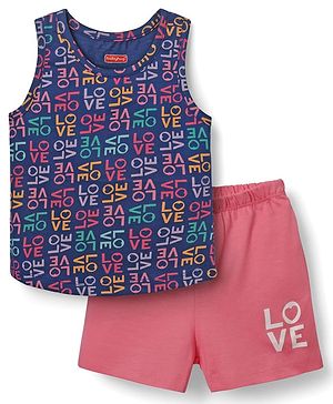 Babyhug 100% Cotton Single Jersey Knit Sleevelss Sando & Shorts Set With Text Print - Navy Blue & Pink