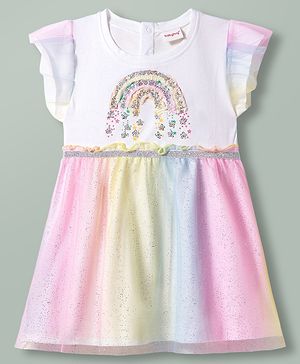 Babyhug Cotton Knit Half Sleeves Frock With Sequin Detailing - White