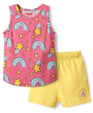 Babyhug 100% Cotton Single Jersey Knit Sleeveless Sando & Shorts Set with Rainbow & Star Print - Pink & Yellow