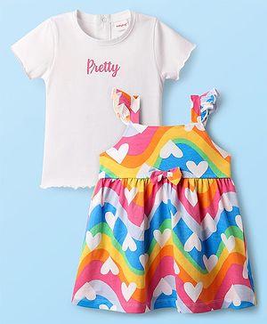 Babyhug Cotton Knit Half Sleeves Frock & Inner Tee with Hearts Print & Bow Detailing - Multicolour