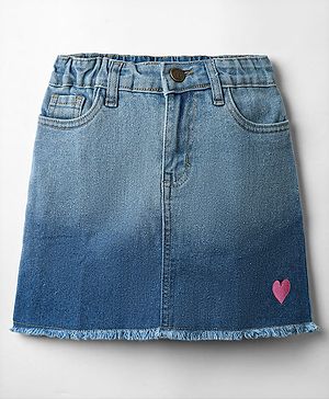 Pine Kids Woven Above Knee Length Washed Denim Skirt With Ombre Effect & Heart Embroidery - Blue