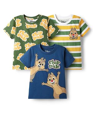 Babyhug Disney Cotton Knit Half Sleeves T-Shirts With Chip n Dale Graphic Pack Of 3 - Navy Blue & Green