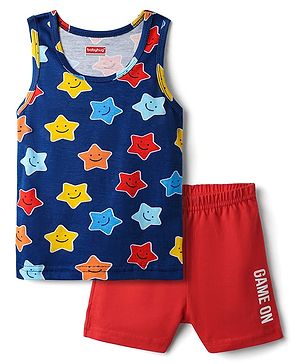 Babyhug 100% Cotton Single Jersey Knit Sando & Shorts Set With Star & Text Print - Navy Blue & Red