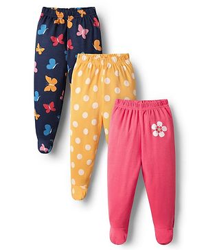 Babyhug Cotton Knit Footed Bootie Leggings With Floral Polka Dots & Butterfly Print Pack Of 3 - Navy Blue Yellow & Dark Pink