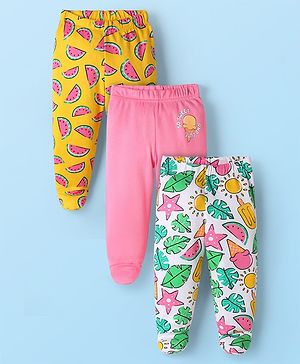 Babyhug Cotton Knit Footed Bootie Leggings With Tropical Print Pack Of 3 - Yellow & White