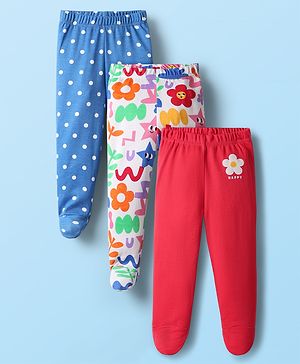 Babyhug Cotton Knit Bootie Leggings with Polka Dot & Floral Print Pack of 3 - Blue White & Red