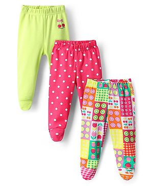 Babyhug Cotton Knit Full Length Bootie Leggings With Polka Dot & Tropical Theme Print Pack Of 3 - Pink & Light Green