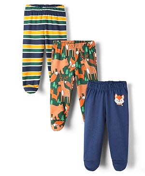 Babyhug Cotton Knit Striped & Animal Printed Bootie Leggings Pack of 3 - Multicolor