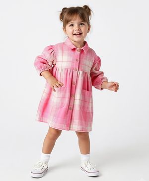 Bonfino 100% Cotton Flannel Fabric Full Sleeves Oversized Collared Frock with Checks - Pink