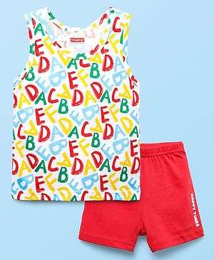 Babyhug 100% Cotton Knit Sleeveless Sando Vest & Shorts Set With Alphabet Print - White & Red