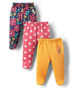 Babyhug Cotton Knit Full Length Bootie Leggings With Floral & Polka Dot Print Pack Of 3 - Navy Blue Pink & Yellow