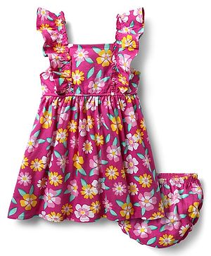 Babyhug Cotton Knit Frill Sleeves Frock With Floral Print & Bloomer - Fuchsia