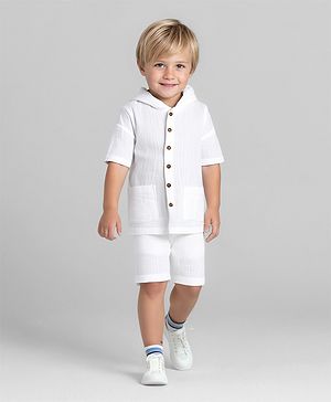 Bonfino 100% Cotton Woven Double Gauze Half Drop Shoulder Sleeve Oversized Hooded Shirt & Short Set - White
