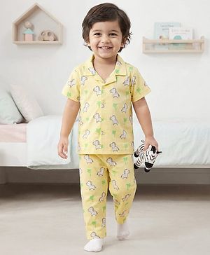 Babyhug Cotton Knit Half Sleeves Front Open Co-ords Night Suit with Zebra Print - Yellow