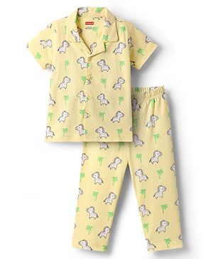 Babyhug Cotton Knit Half Sleeves Front Open Co-ords Night Suit with Unicorn Print - Yellow