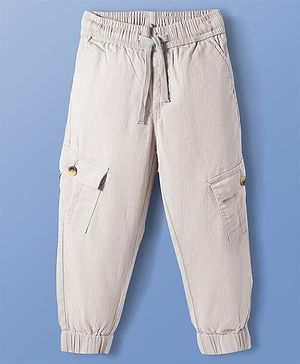 Pine Kids Cotton Elastane Woven Full Length Solid Color Trousers with Cargo Pocket - Beige