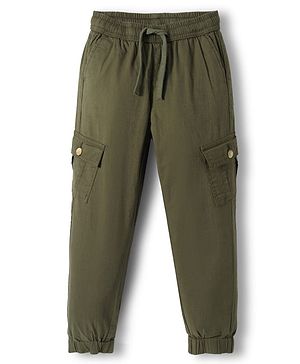 Pine Kids Cotton Elastane Woven Full Length Solid Color Trousers with Cargo Pocket - Olive Green