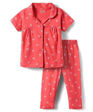 Babyhug Cotton Knit Half Sleeves Co-Ord Night Suit with Heart Print - Red