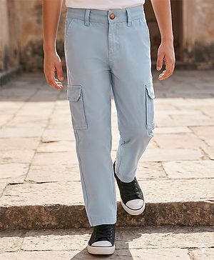 Pine Kids Cotton Woven Full Length Solid Coloured Trousers With Side Pockets - Light Blue