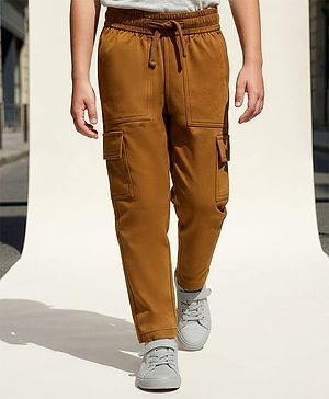 Pine Kids Cotton Elastane Woven Full Length Solid Color Trouser with Cargo Pockets - Brown