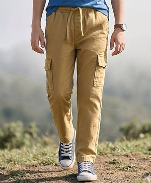 Pine Kids Cotton Elastane Woven Full Length Solid Color Trousers Cargo Pocket - Khaki