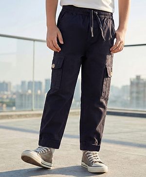 Pine Kids Cotton Elastane Woven Full Length Solid Coloured Cargo Pant - Black