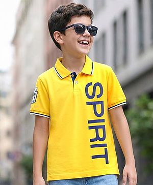 Pine Kids Cotton Knit Half Sleeves Polo T-Shirt with Text Print - Yellow