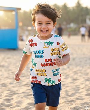 Babyhug Terry Knit Half Sleeves Beach Theme Printed T-Shirt & Shorts Set - White & Navy Blue