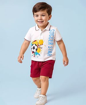 Babyhug 100% Cotton Half Sleeves Soccer Theme Printed T-Shirt With Collar & Shorts Set - Red & White