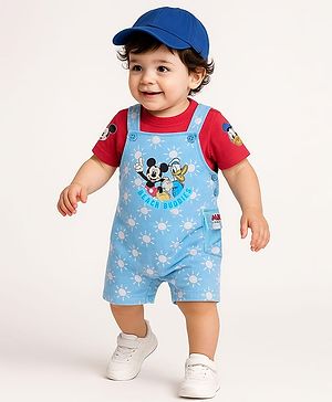Babyhug Disney Single Jersey Knit Half Sleeves T-Shirt & Dungaree Set With Mickey Mouse Graphics And Pocket Detailing - Light Blue & Red