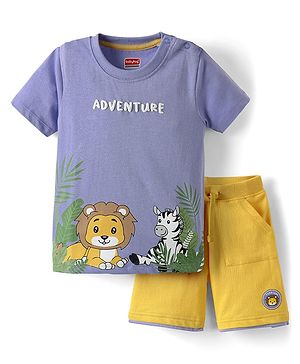 Babyhug Single Jersey Knit Half Sleeves T-Shirt & Shorts Set With Animal Print - Purple & Yellow