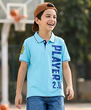 Pine Kids Cotton Knit Half Sleeves Polo T-Shirt with Player 2.0 Text Print - Light Blue