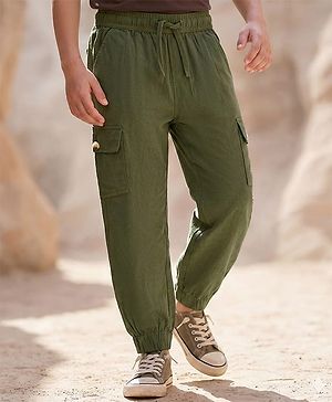 Pine Kids Cotton Elastane Woven Full Length Solid Color Cargo Pants With Pockets - Olive Green
