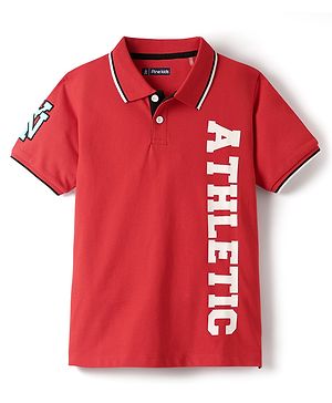Pine Kids Cotton Knit Half Sleeves Polo T-Shirt with Athletic Text Print - Red