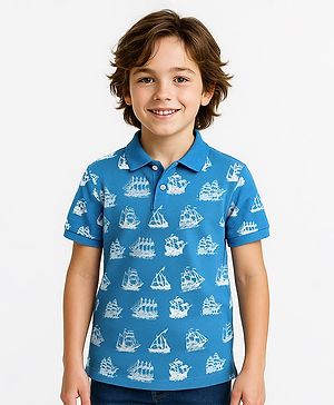Pine Kids Cotton Knit Half Sleeves Polo T-Shirt with Nautical Print - Blue
