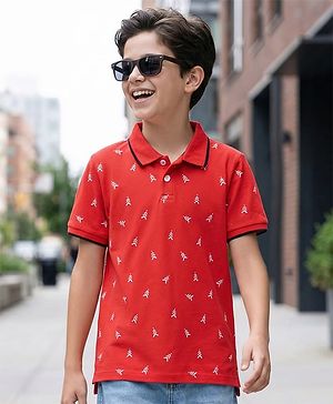 Pine Kids Cotton Knit Half Sleeves Polo T-Shirt with Brand Logo Print - Red